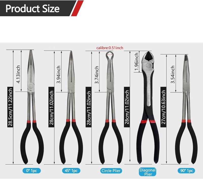 MFBJXC 5-Piece 11" Extra Long Needle Nose Pliers Set with Insulated Comfort Grip, Straight Long Reach Plier, 45/90°Bent Nose Pliers,O-shaped nose plier,Diagonal Plier for Bending Shaping Trimming - Image 4